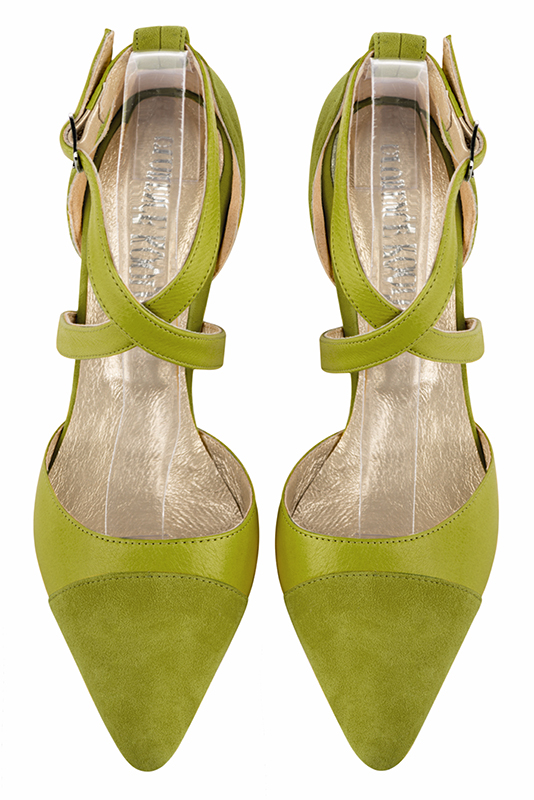 Pistachio green women's open side shoes, with crossed straps. Tapered toe. Medium comma heels. Top view - Florence KOOIJMAN